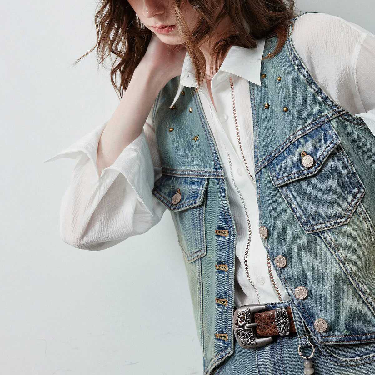 Cropped Denim Button-Front Vest