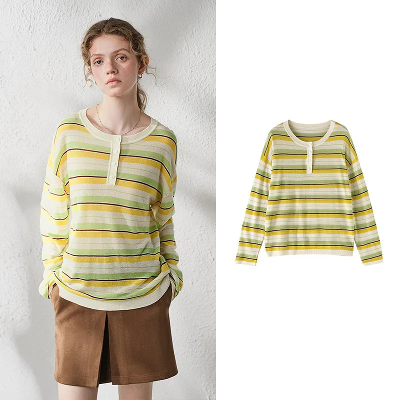 Striped Long-Sleeve Knit Henley