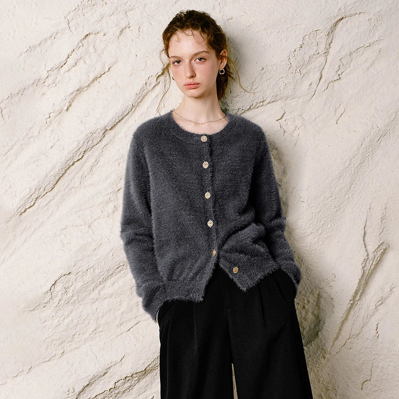Fuzzy Crewneck Cardigan