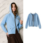 Contrast-Drawstring Hooded Cardigan
