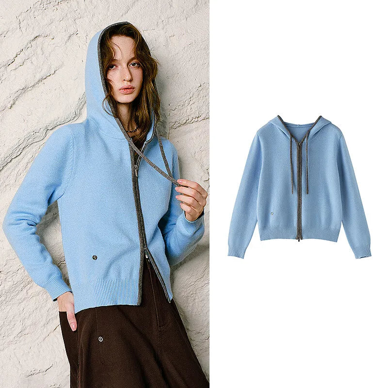 Contrast-Drawstring Hooded Cardigan
