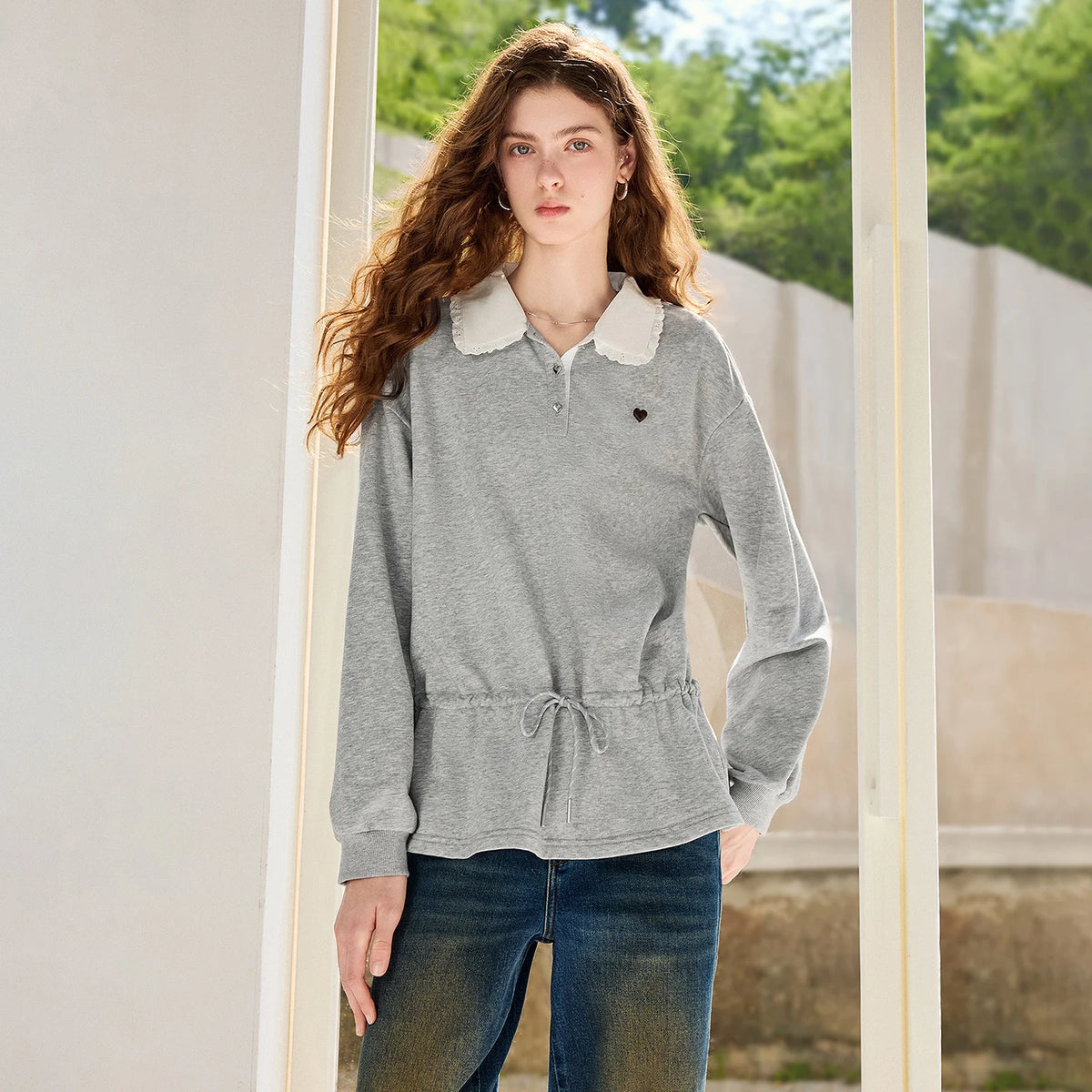 Scalloped-Collar Peplum Sweatshirt