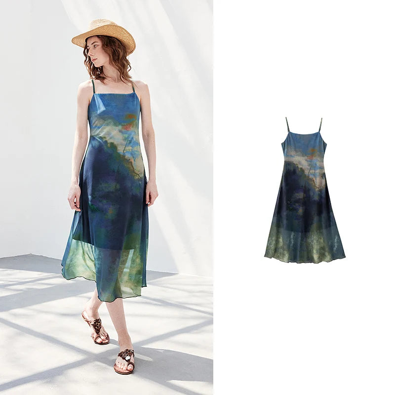 Watercolor-Print Long Slip Dress