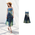 Watercolor-Print Long Slip Dress