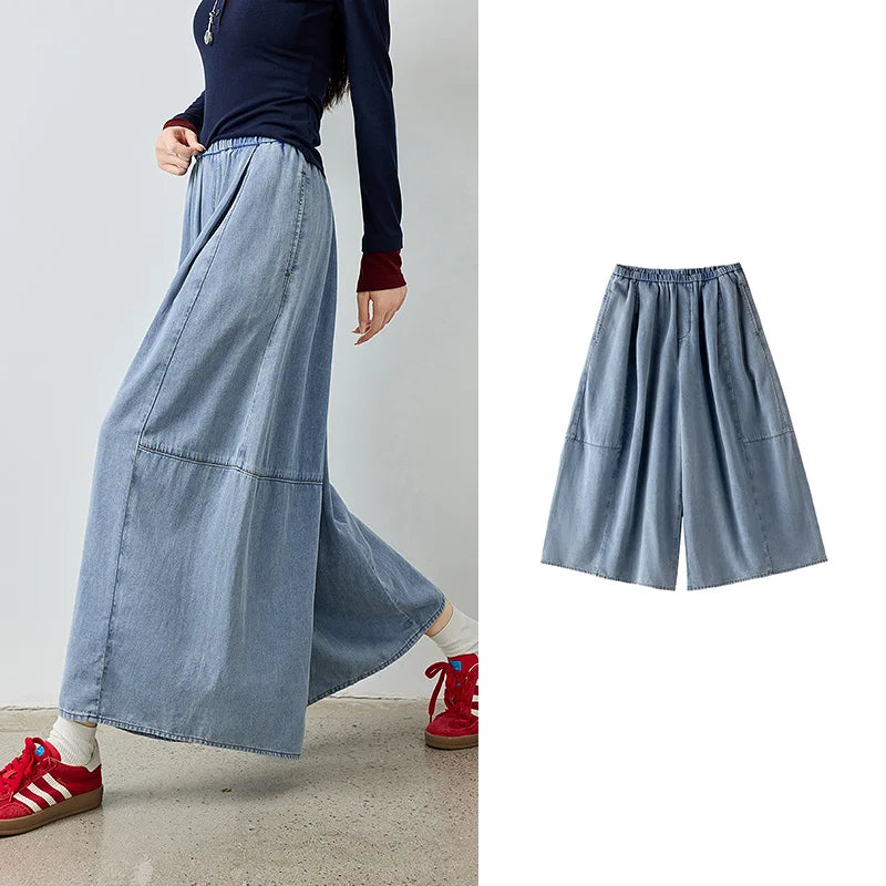 Elastic-Waist Cropped Wide-Leg Jeans