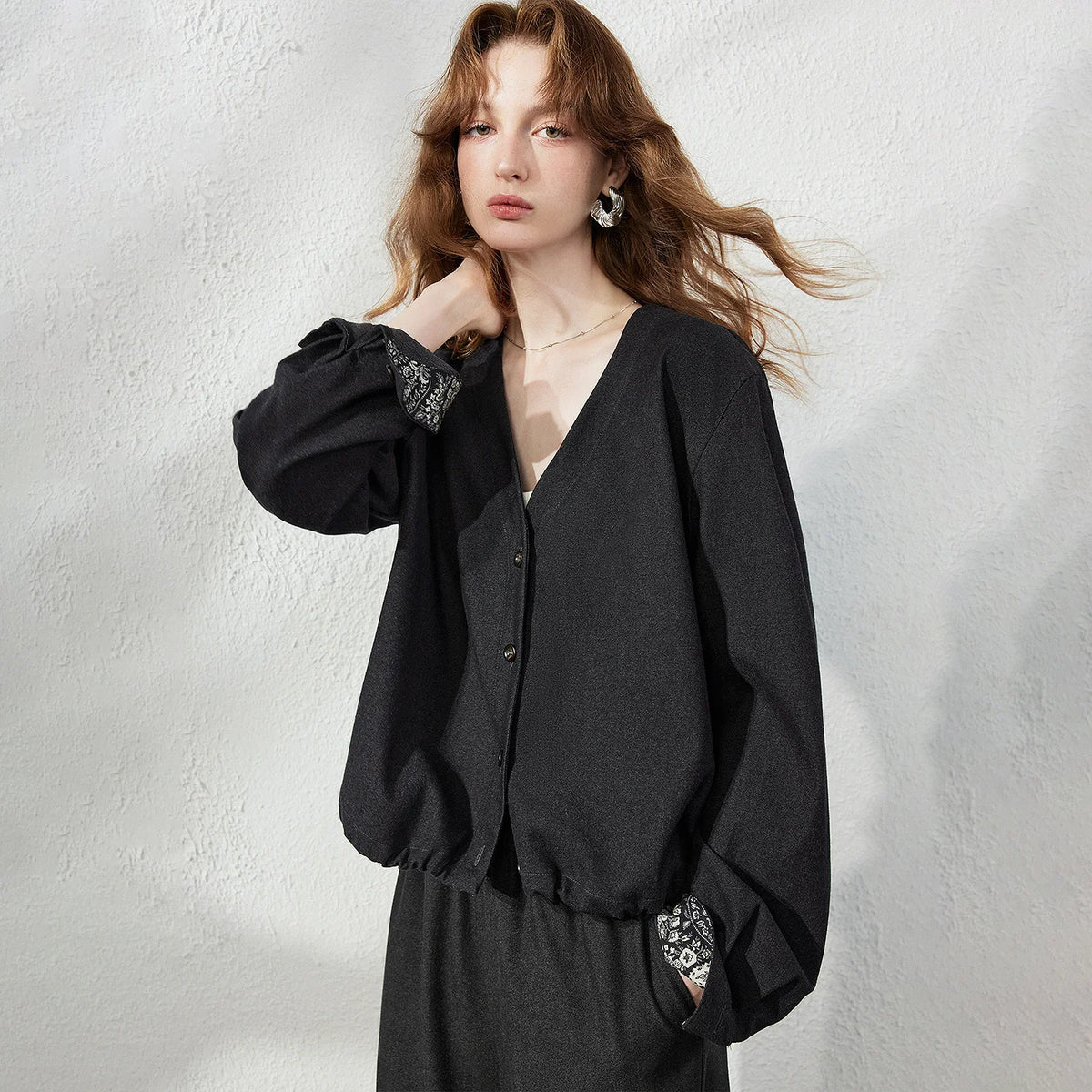 V-Neck Balloon-Sleeve Cardigan