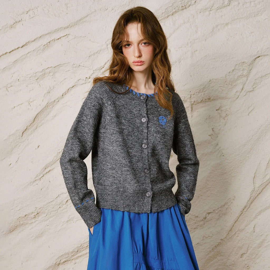 Contrast-Trim Textured Cardigan