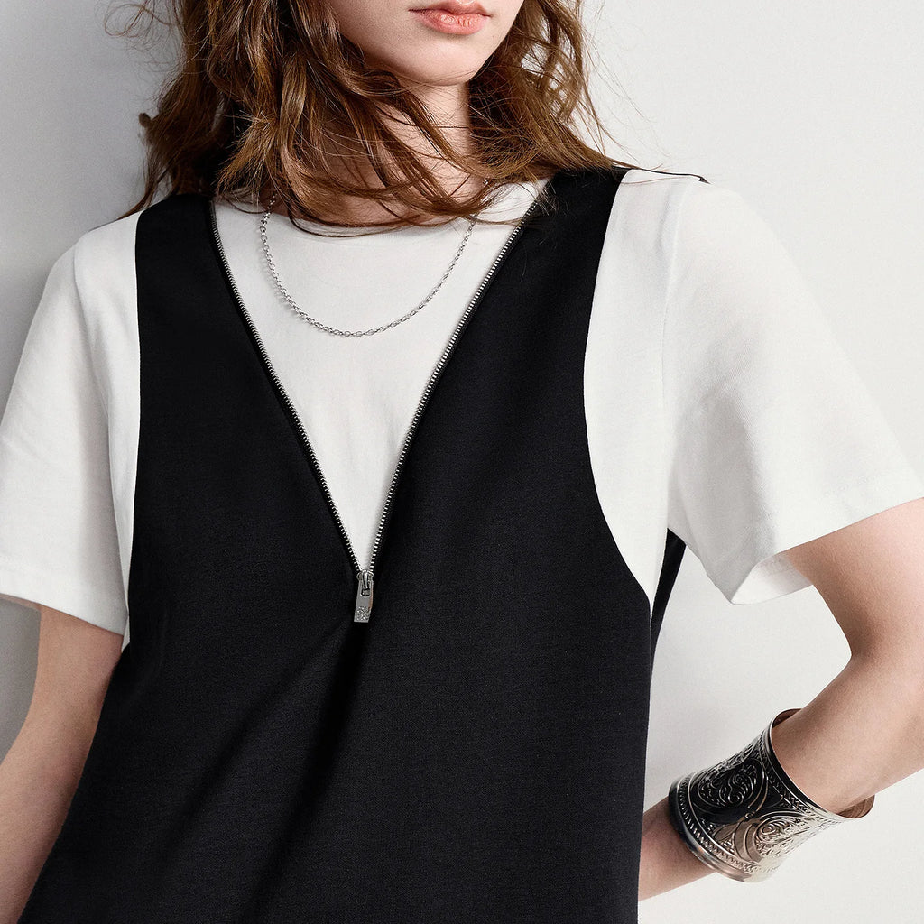 Deep V-Neck Midi Pinafore Dress