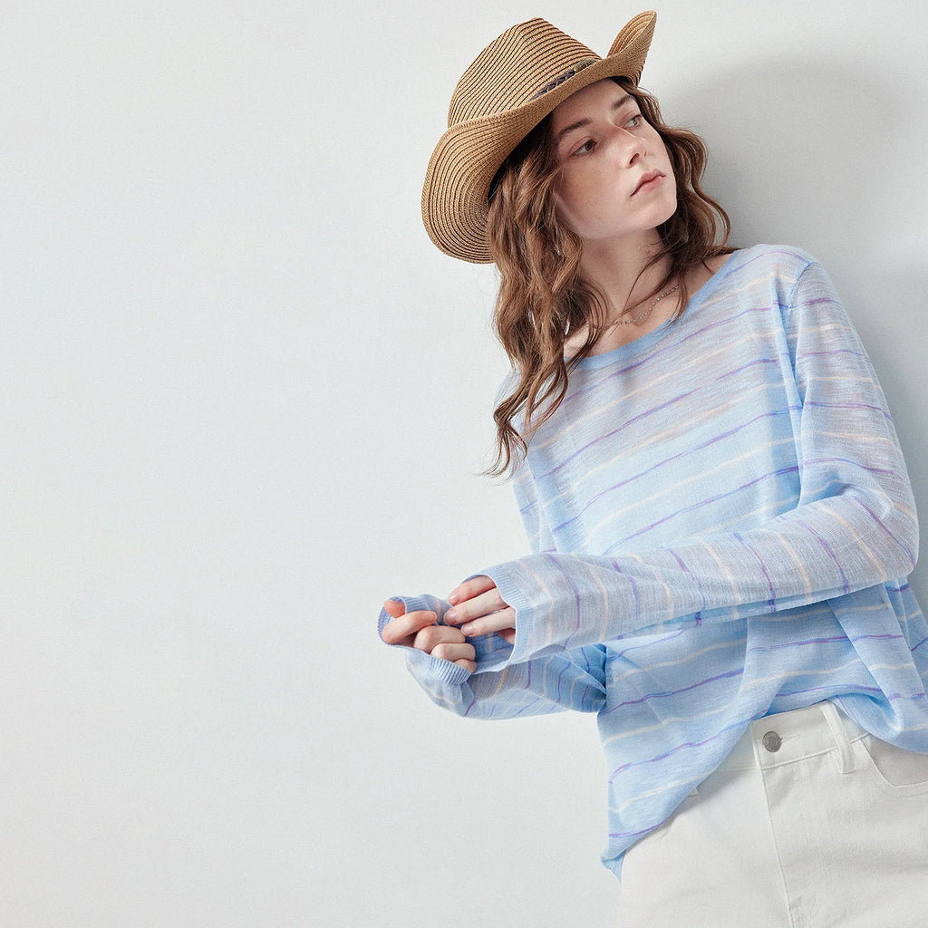 Sheer Striped Long-Sleeve Top