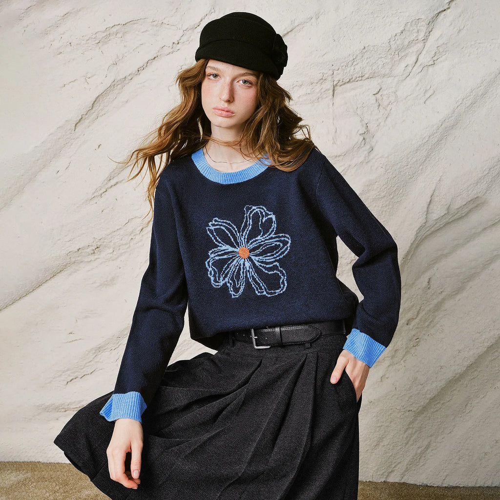 Floral Contrast-Trim Sweater
