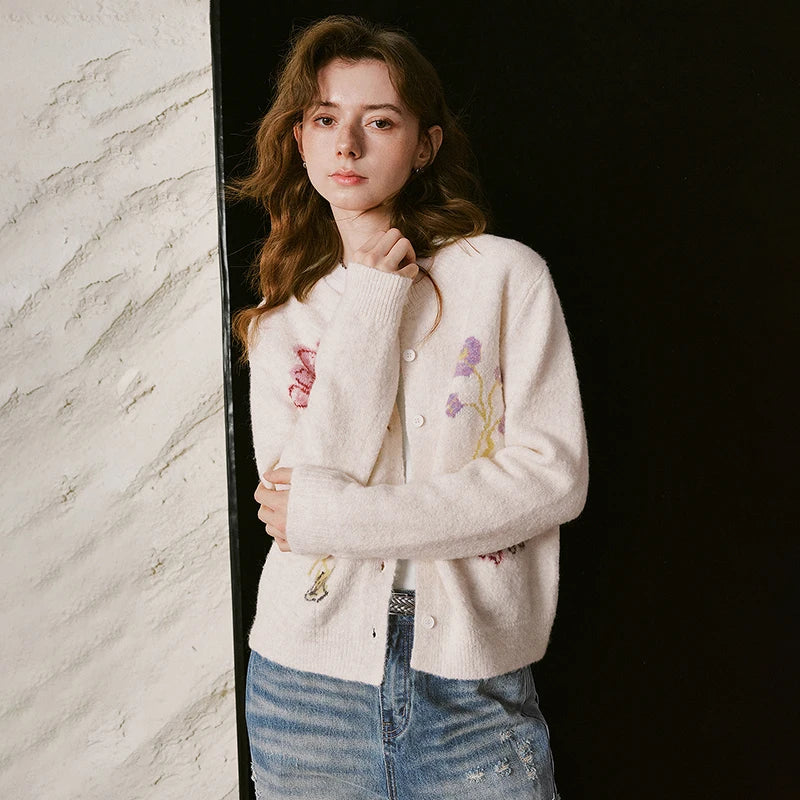 Floral-Motif Knit Cardigan