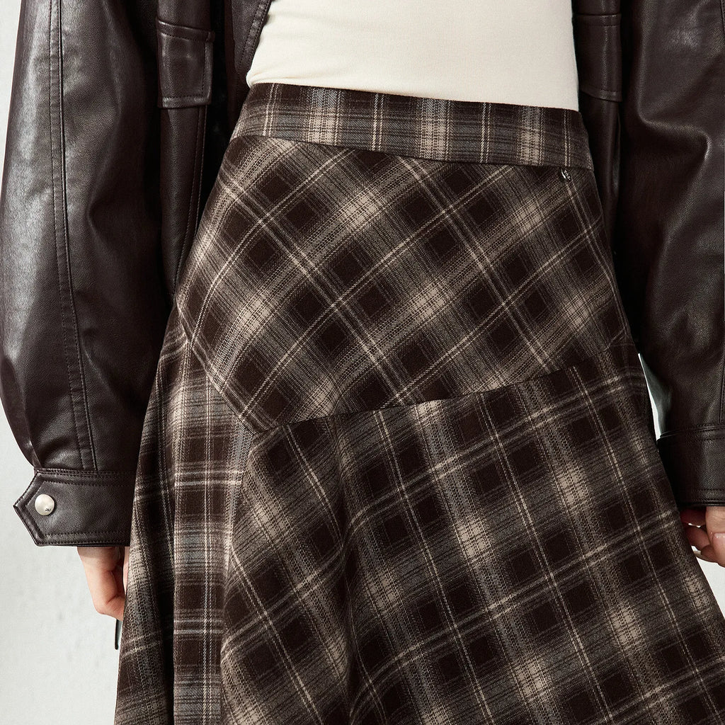 Asymmetric Plaid Midi Skirt