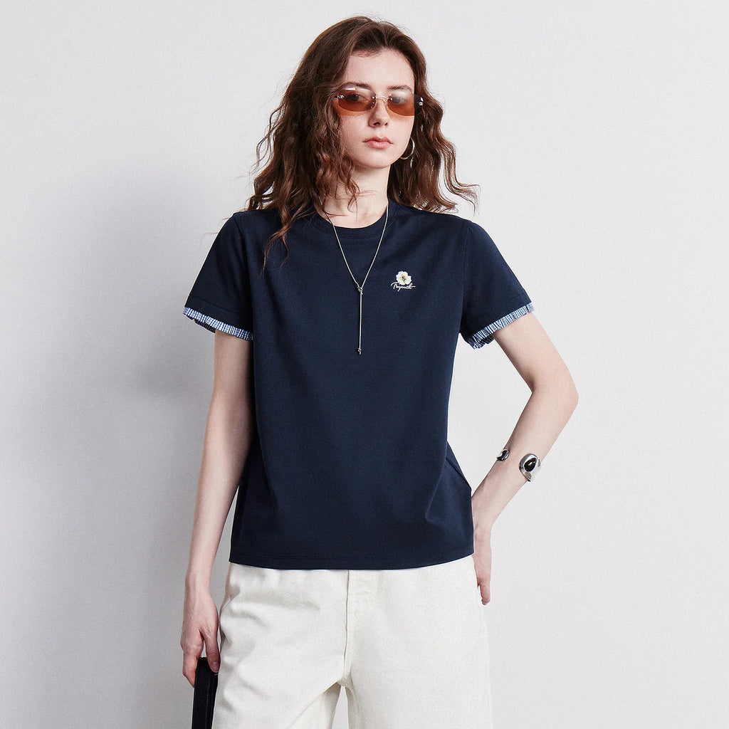 Plaid-Cuff Short-Sleeve Tee