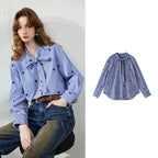 Striped Tie-Neck Button-Up Blouse