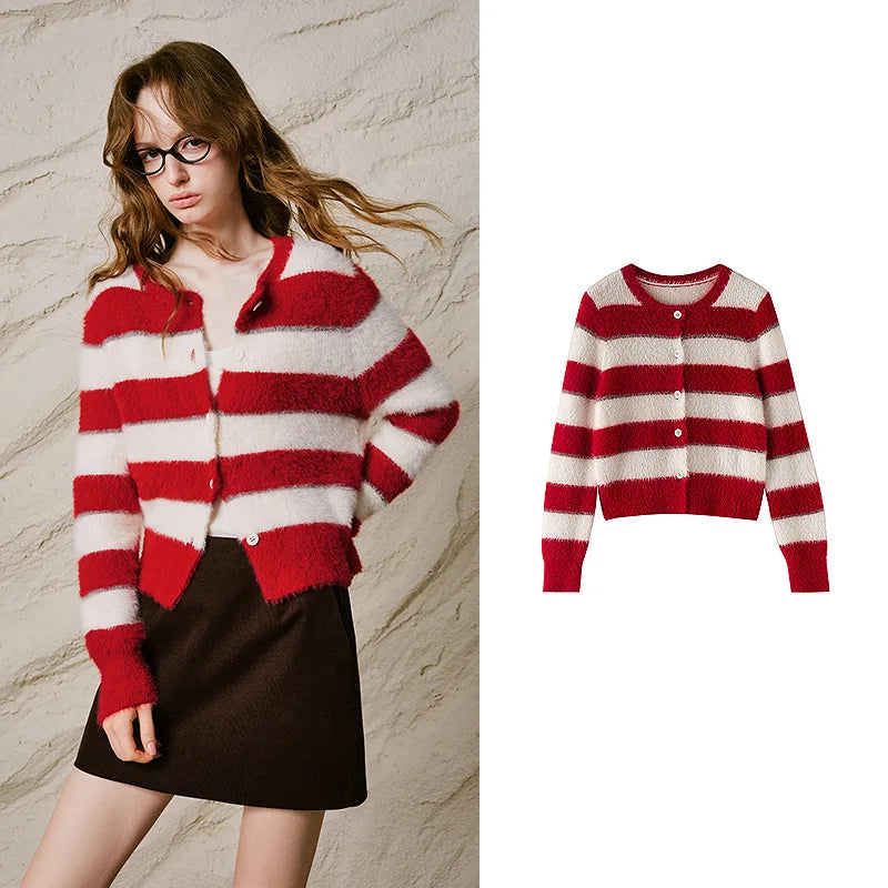 Striped Crewneck Knit Cardigan