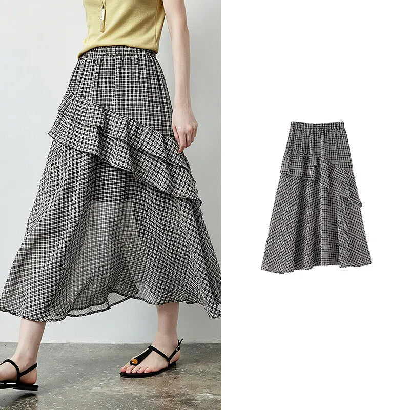 Gingham Tiered-Ruffle Midi Skirt