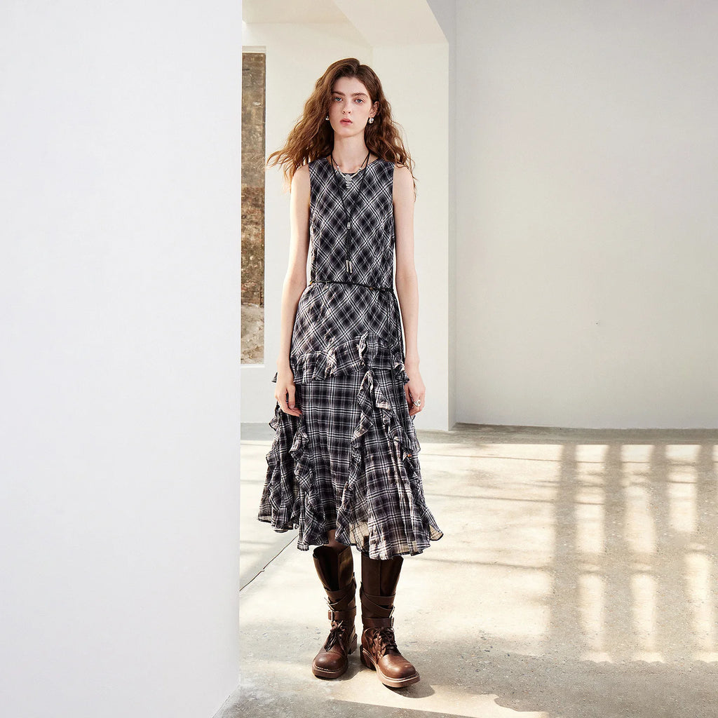 Plaid Ruffled Midi Dress