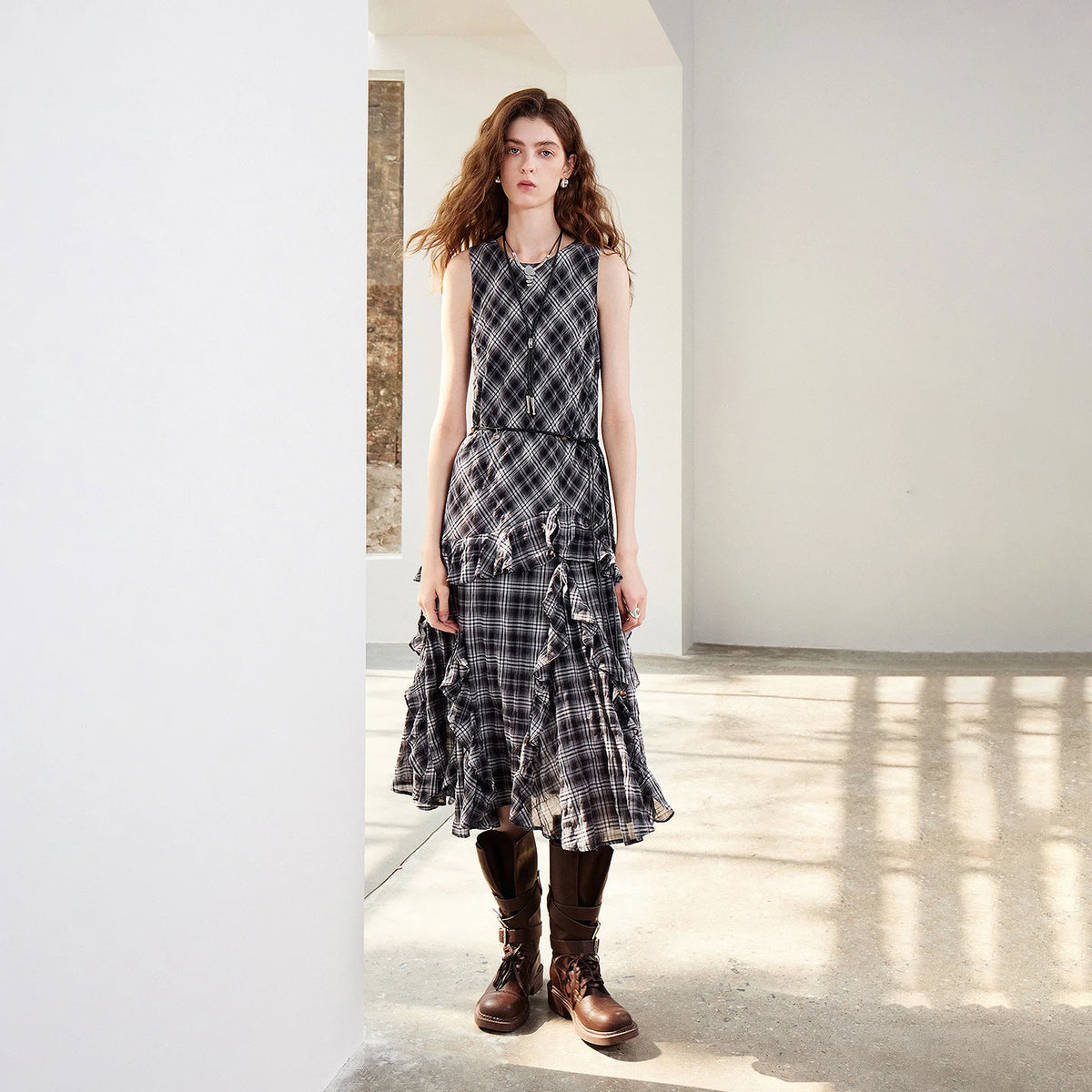 Plaid Ruffled Midi Dress