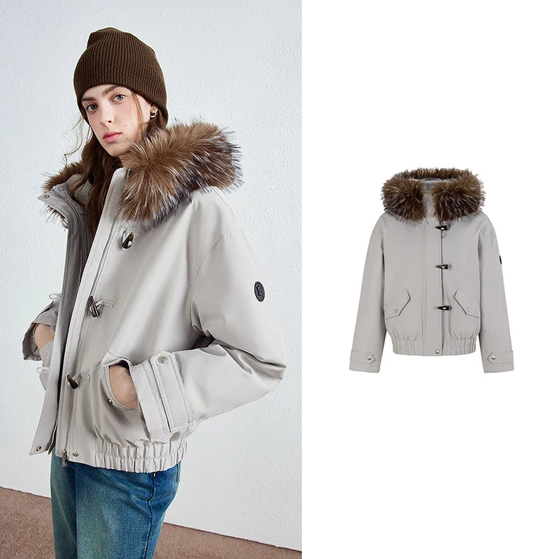 Shaggy-Trim Hooded Toggle Jacket