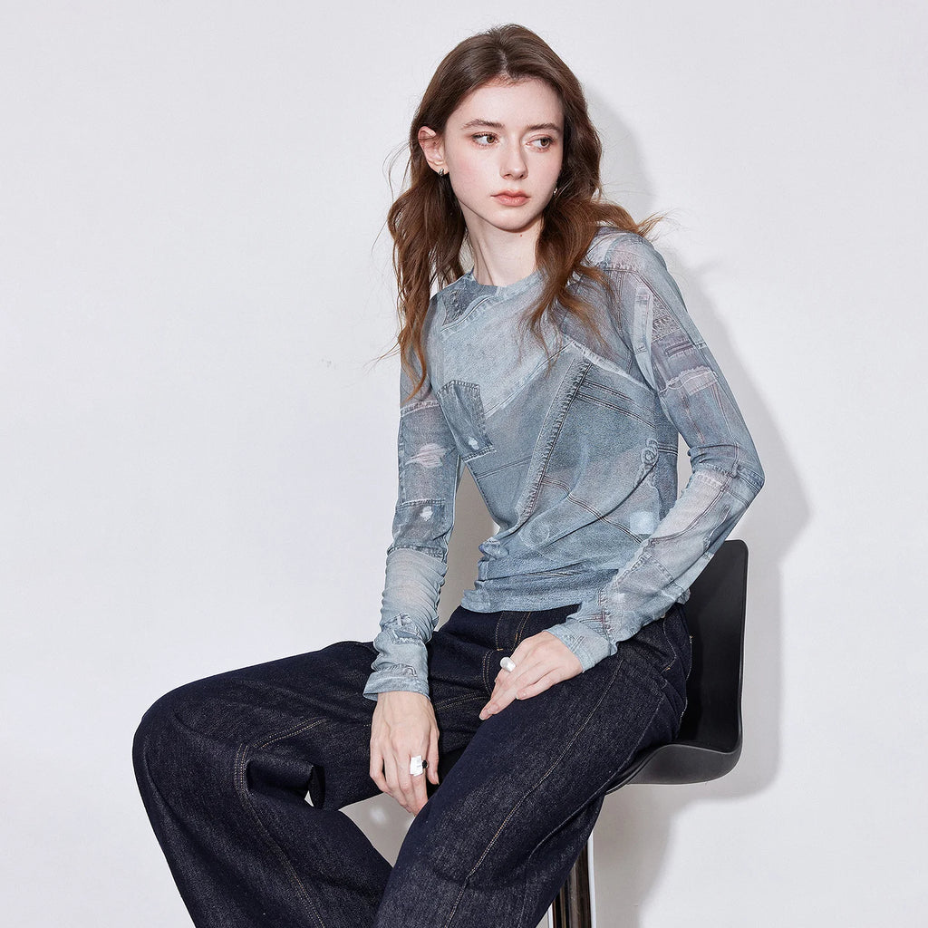 Abstract-Print Sheer Long-Sleeve Top