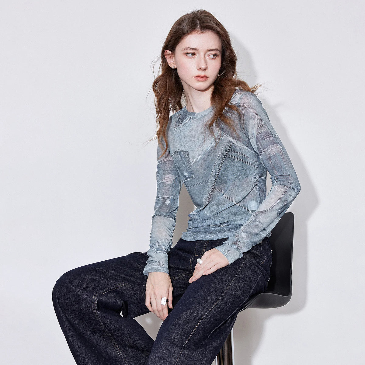 Abstract-Print Sheer Long-Sleeve Top