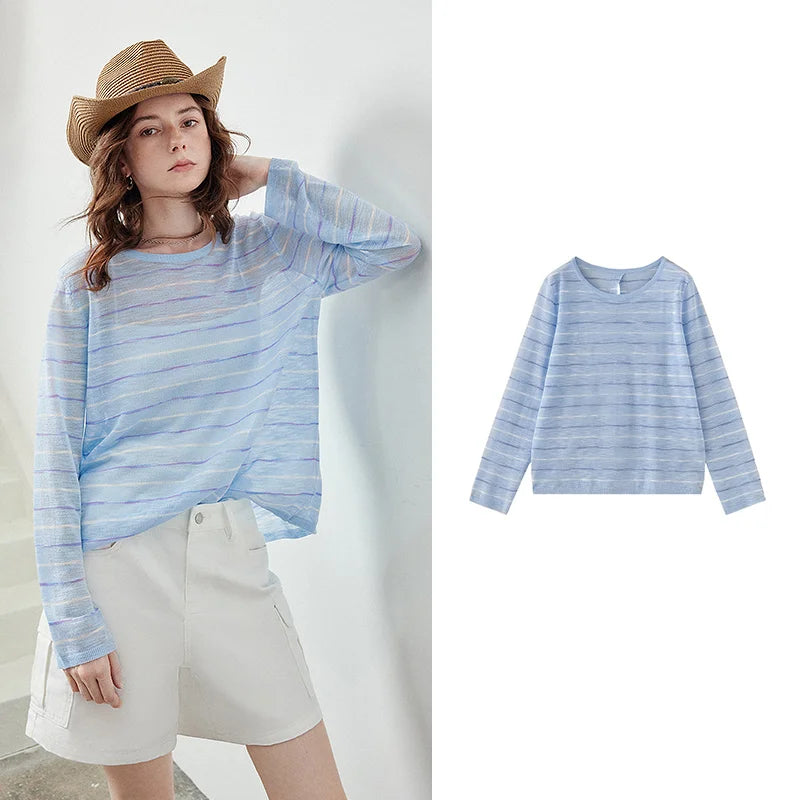 Sheer Striped Long-Sleeve Top