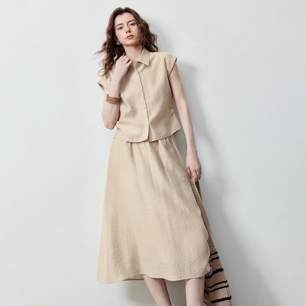 Collared Shirt and Midi Skirt Set