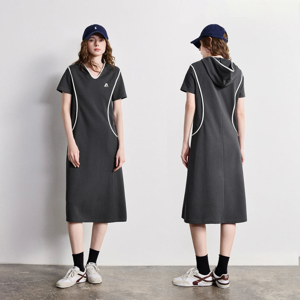 Contrast-Trim V-Neck Midi Dress