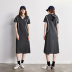Contrast-Trim V-Neck Midi Dress