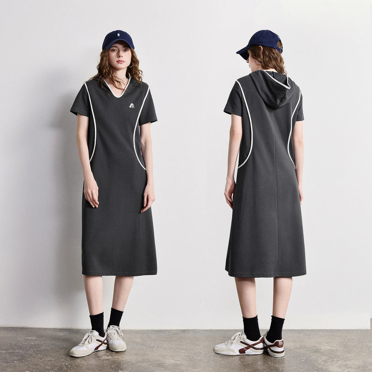 Contrast-Trim V-Neck Midi Dress