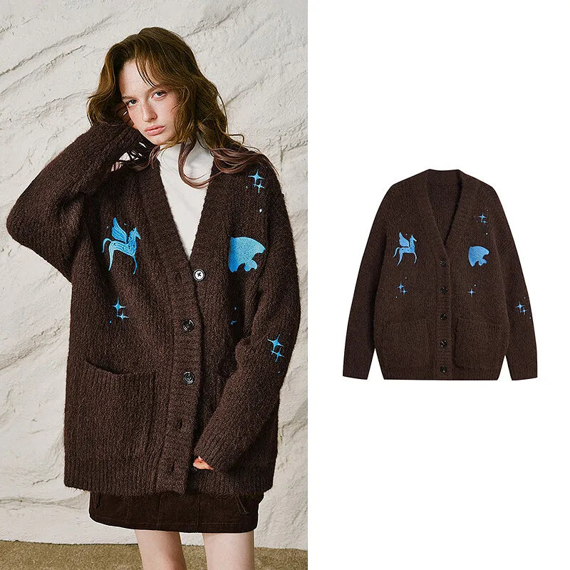 Horse-Motif V-Neck Knit Cardigan