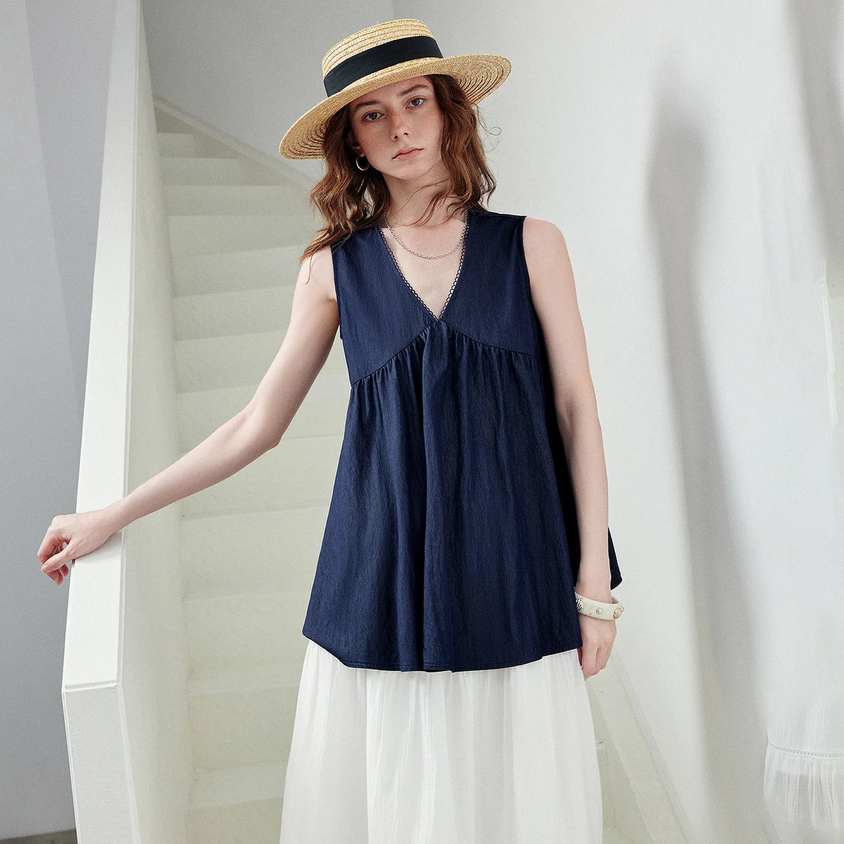 V-Neck Gathered Sleeveless Blouse