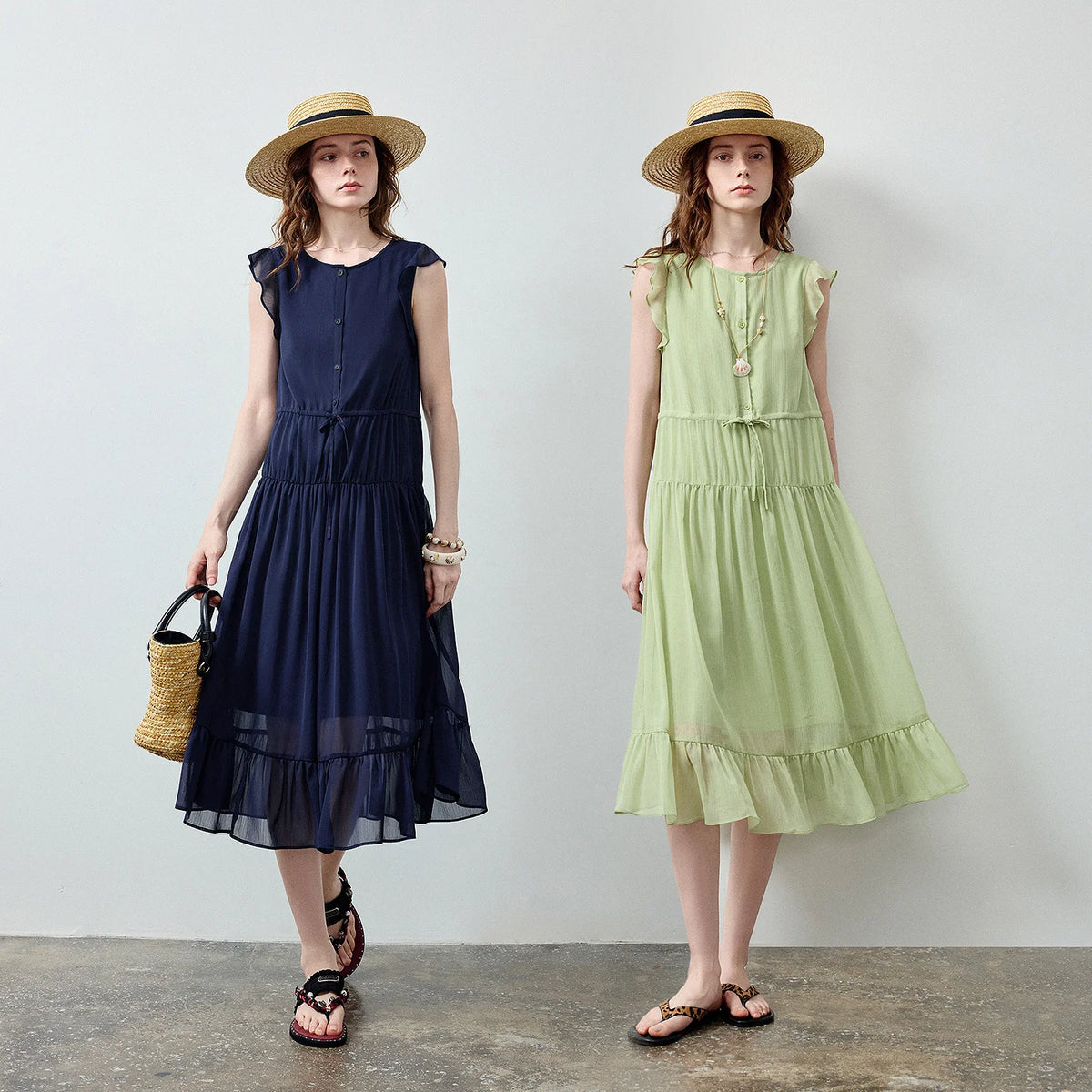 Ruffle-Sleeve Tiered Midi Dress