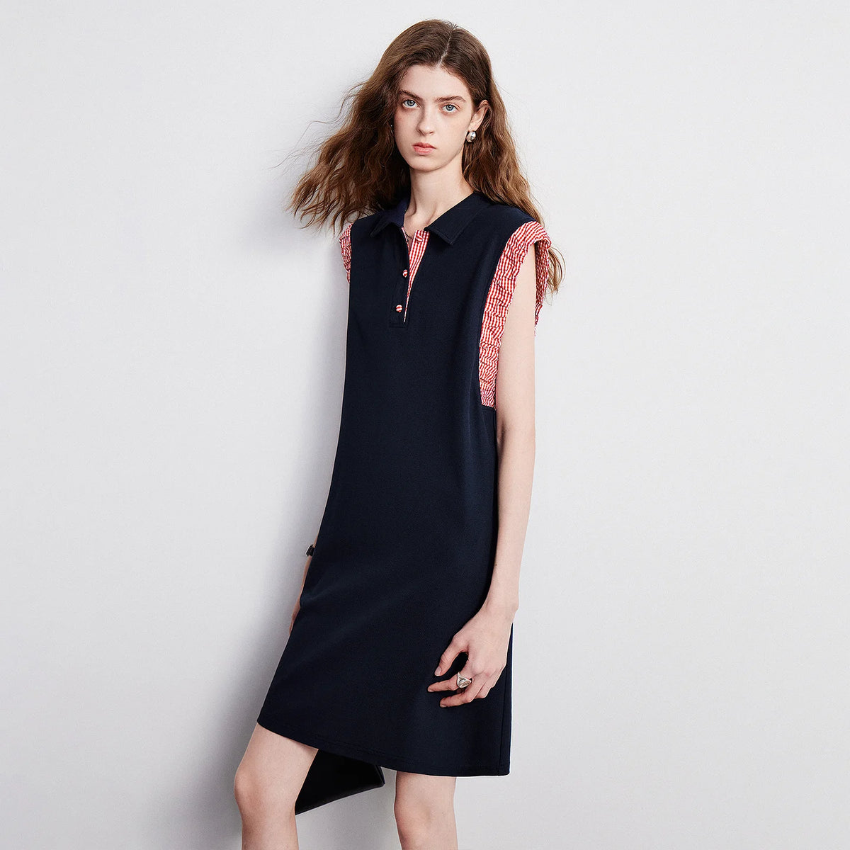 Ruffle-Trim Sleeveless Polo Dress