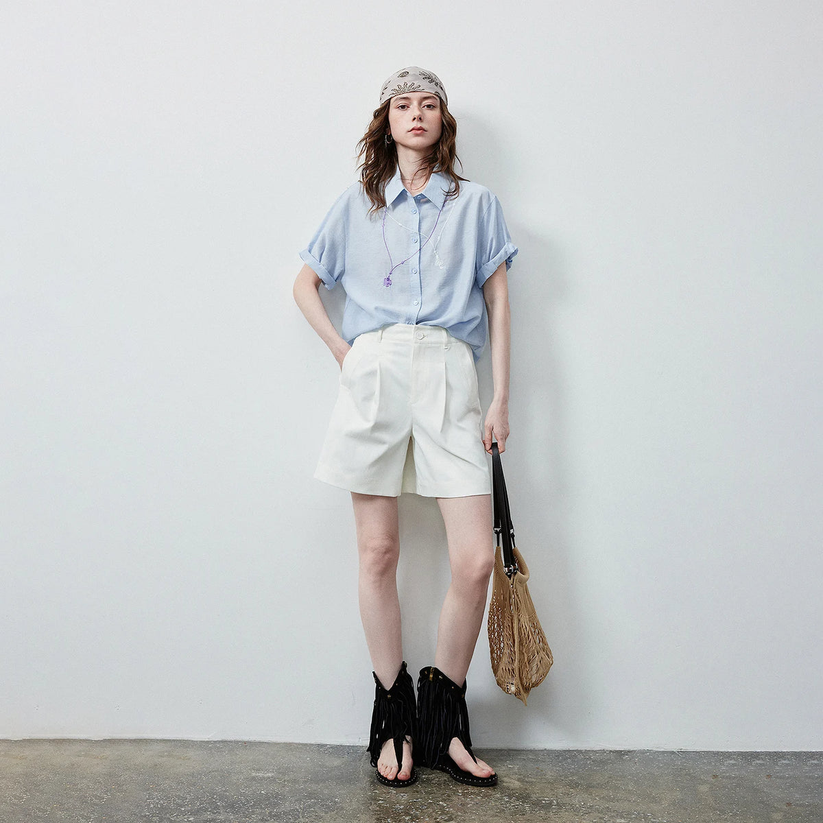 Rolled-Cuff Motif-Detail Shirt
