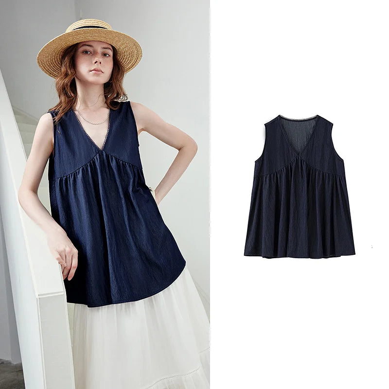 V-Neck Gathered Sleeveless Blouse