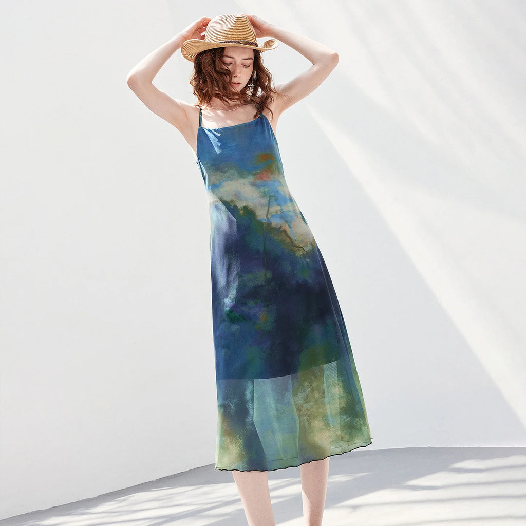 Watercolor-Print Long Slip Dress