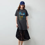 Lace-Hem Graphic T-Shirt Dress