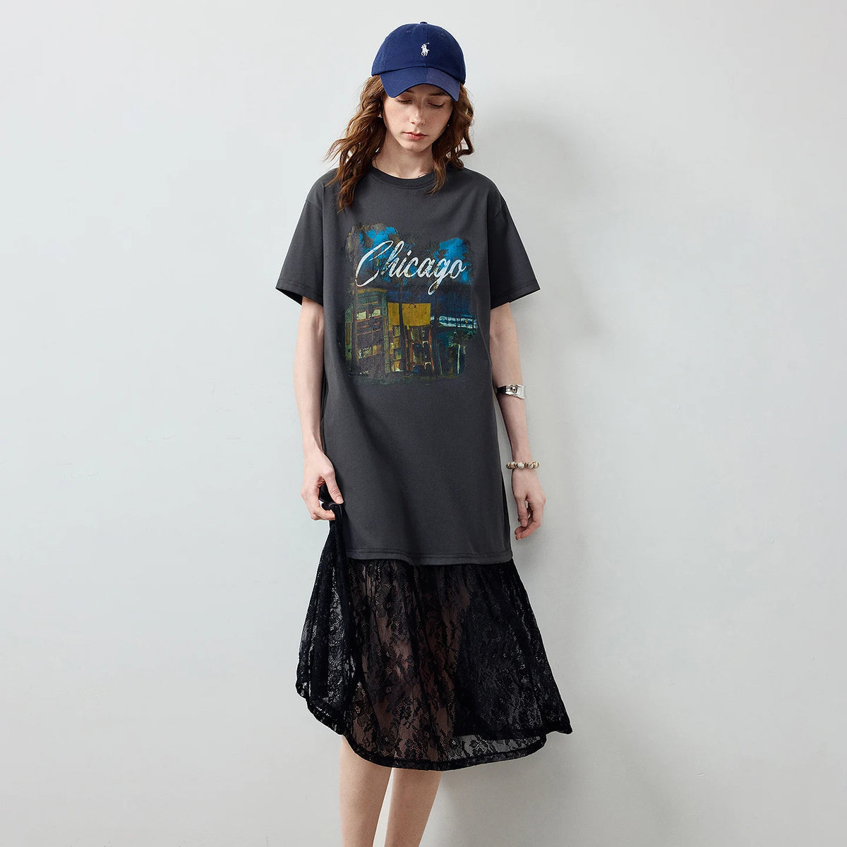 Lace-Hem Graphic T-Shirt Dress