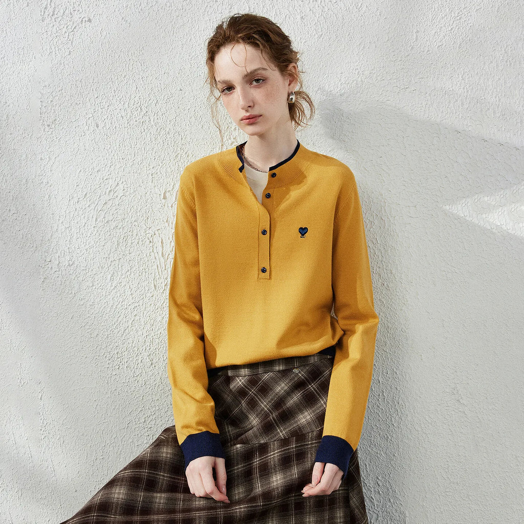 Contrast-Trim Henley Sweater