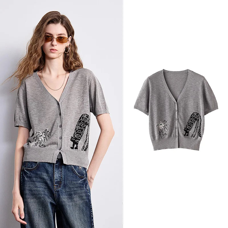 Tree-Motif V-Neck Cardigan