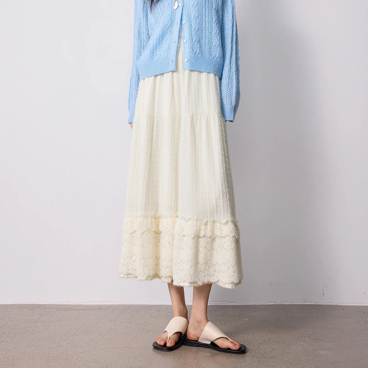 Lace-Trim A-Line Midi Skirt