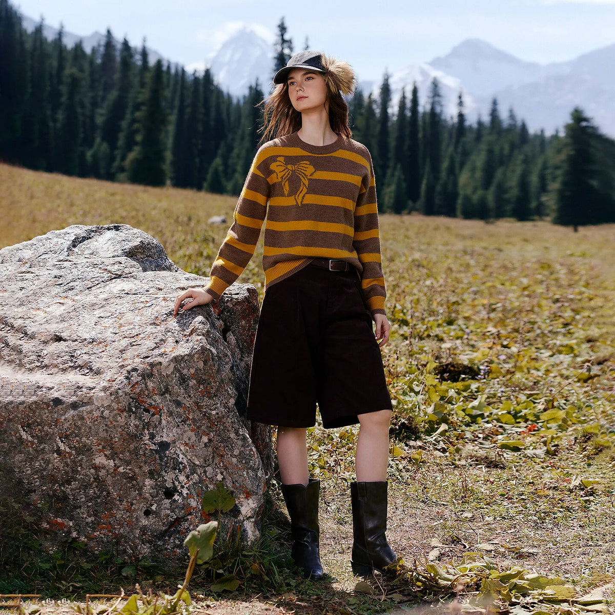 Bow-Motif Striped Knit Sweater