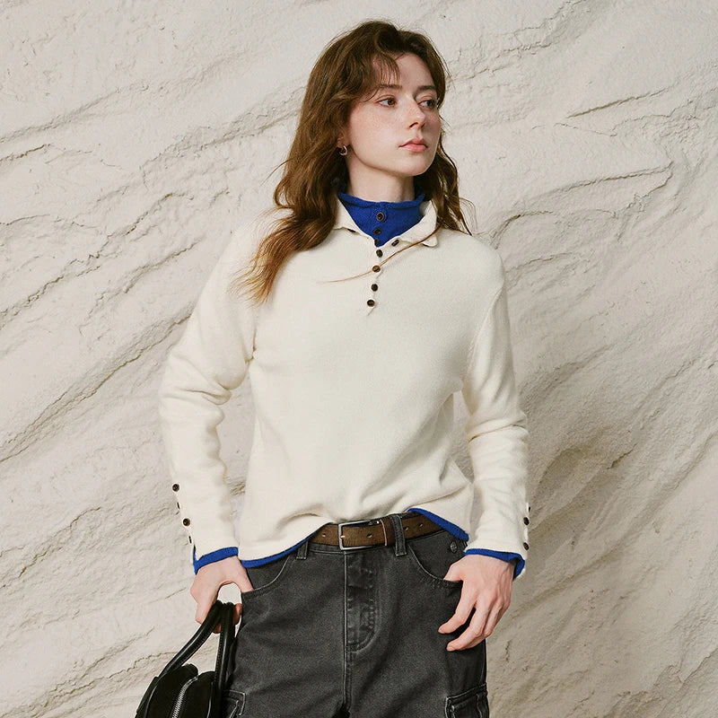 Contrast-Trim Long-Sleeve Knit Henley