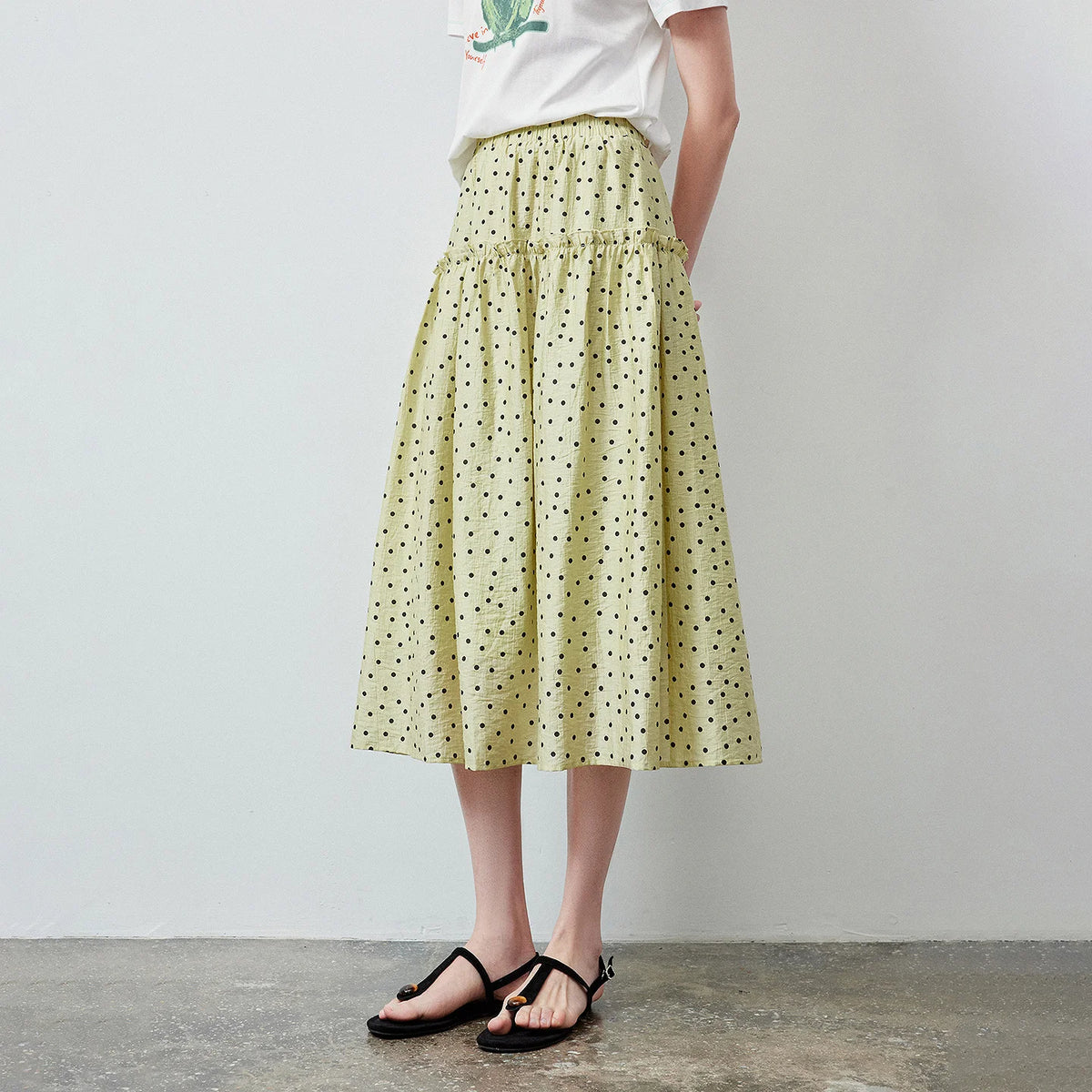 Polka-Dot Gathered Midi Skirt