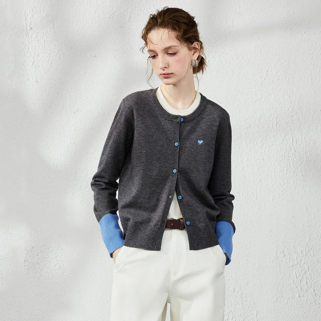 Contrast-Cuff Button-Up Cardigan