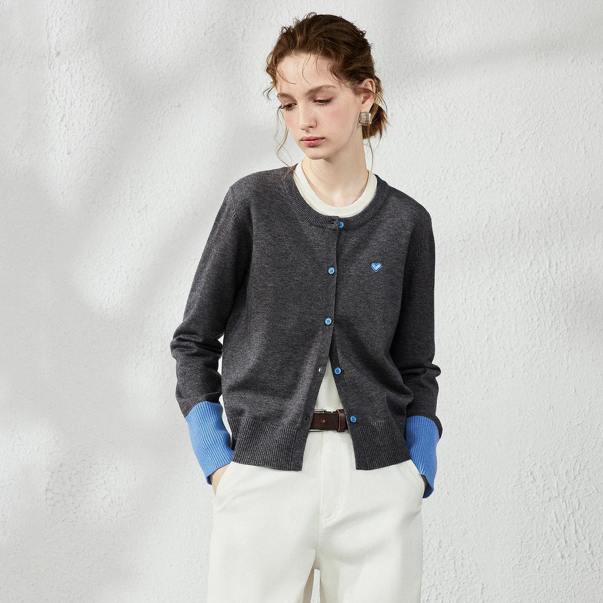 Contrast-Cuff Button-Up Cardigan
