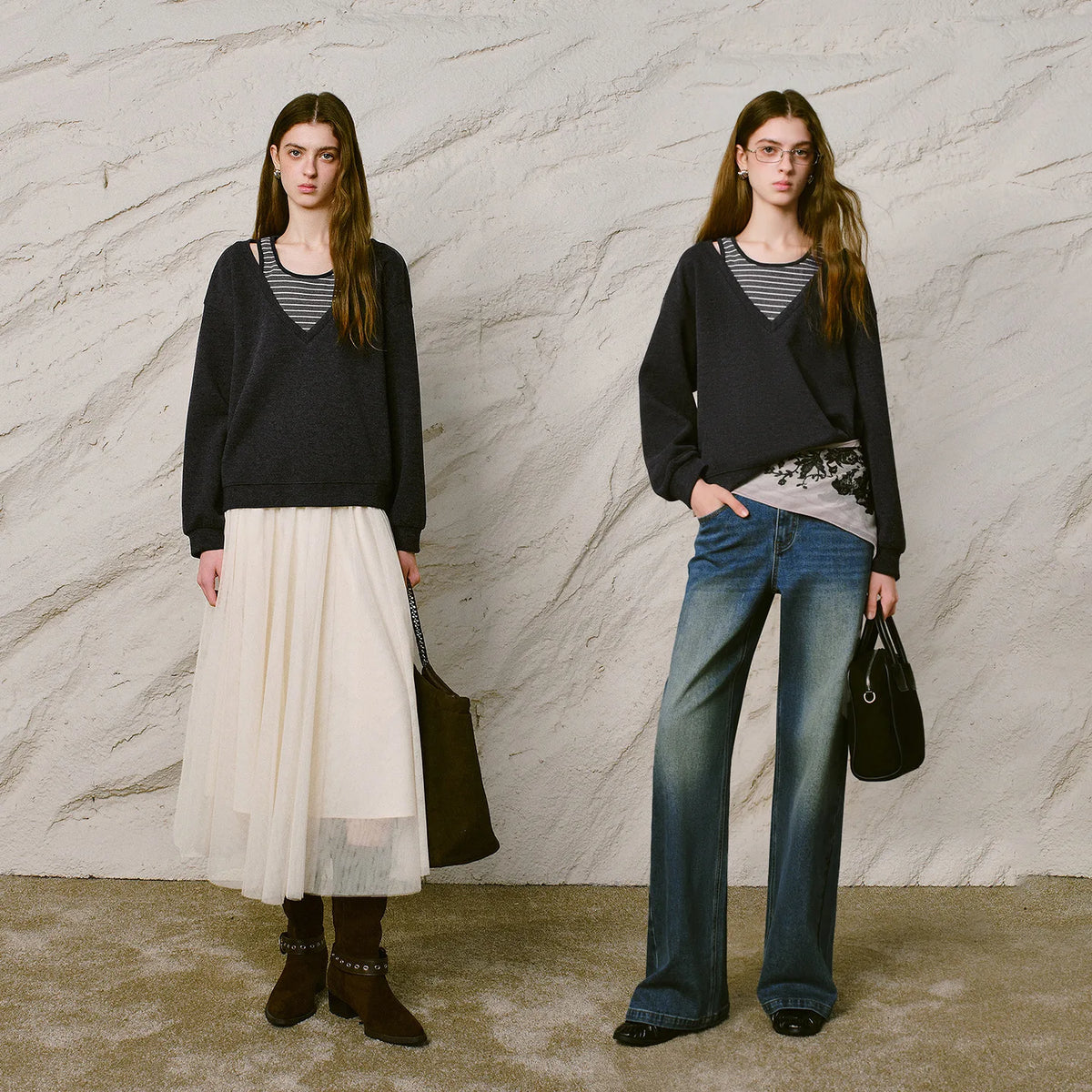 Layered-Look V-Neck Sweatshirt