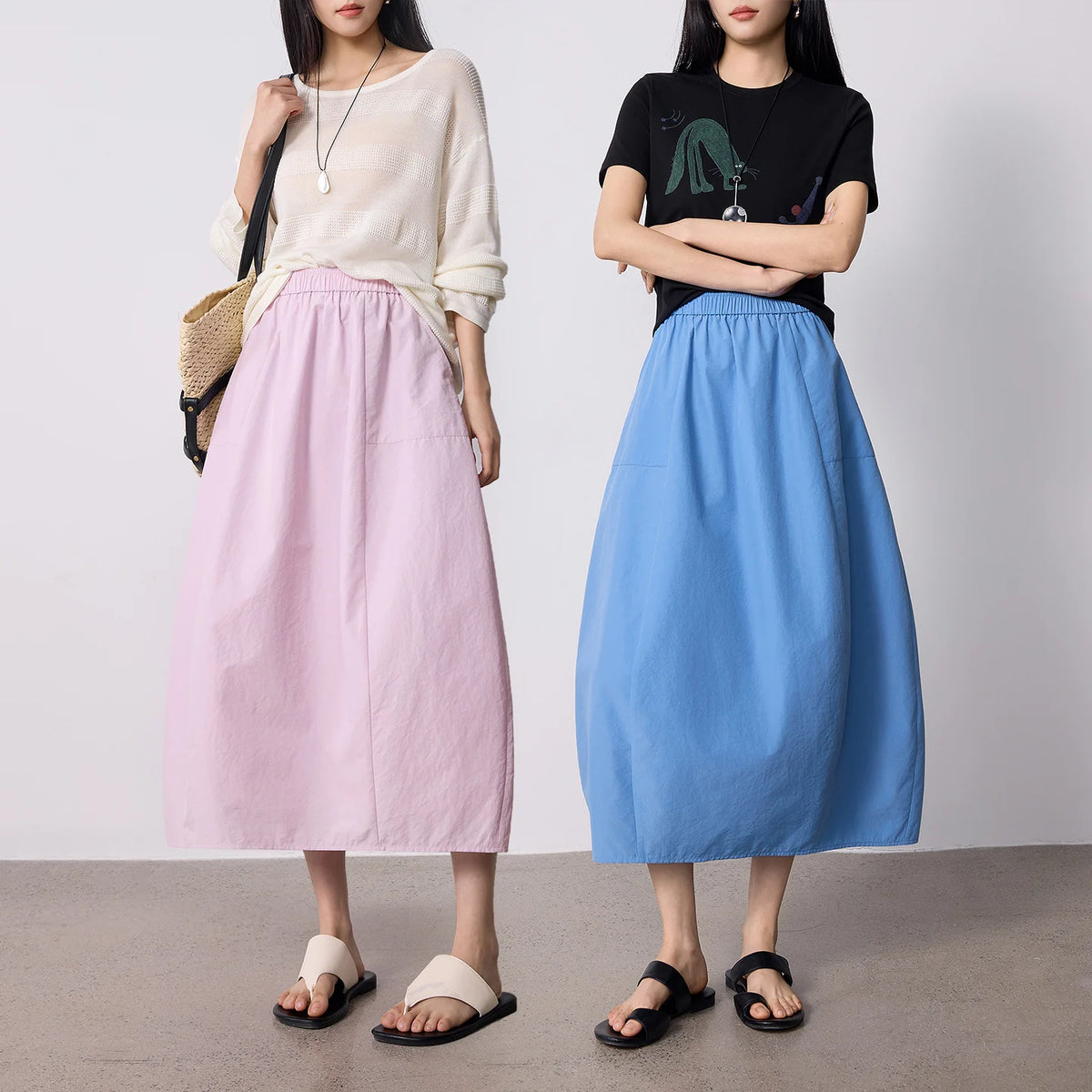 Elastic-Waist Bubble Midi Skirt