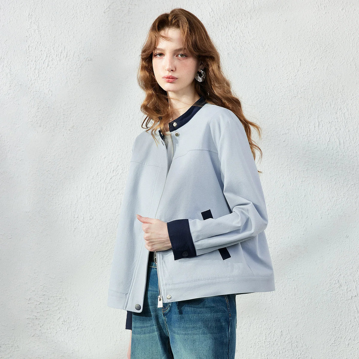 Contrast-Trim Stand-Collar Jacket